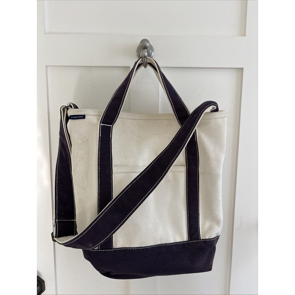 Lands End Blue and White Canvas Boat Tote Bag Crossbody Shoulder Straps